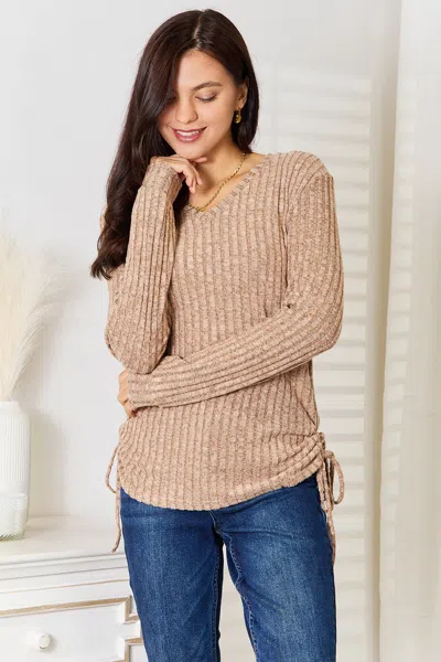 Fashnzfab Drawstring Ribbed Long Sleeve T-shirt In Green