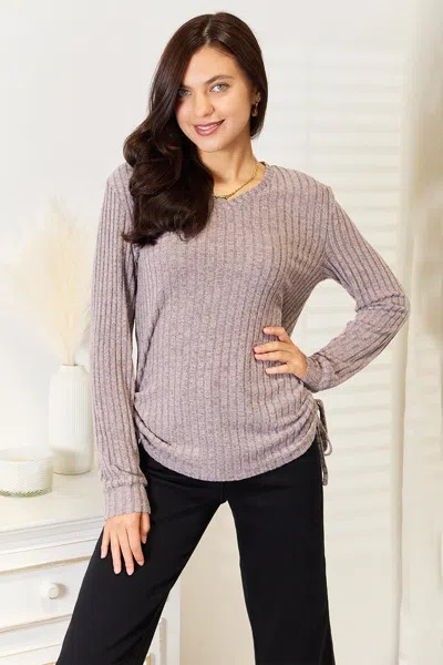 Fashnzfab Drawstring Ribbed Long Sleeve T-shirt In Grey