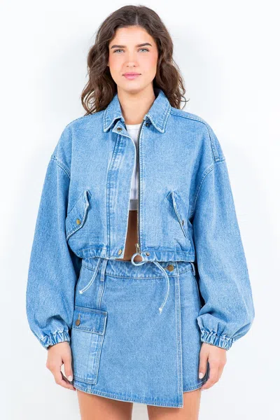 Fashnzfab Drawstring Waist Crop Denim Jacket In Blue
