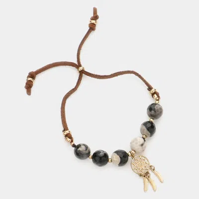 Fashnzfab Dream Catcher Charm Semi Precious Stone Faux Suede Adjustable Pull Tie Bracelet Beige, Gold In Black