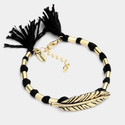 Fashnzfab Dream Feather Accented Thread Tassel Bracelet Black, Gold Burnished In Multi