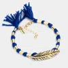 Fashnzfab Dream Feather Accented Thread Tassel Bracelet Blue, Gold Burnished In Blue