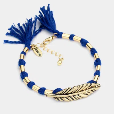 Fashnzfab Dream Feather Accented Thread Tassel Bracelet Blue, Gold Burnished