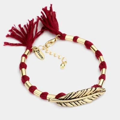 Fashnzfab Dream Feather Accented Thread Tassel Bracelet Burgundy, Gold Burnished In Red
