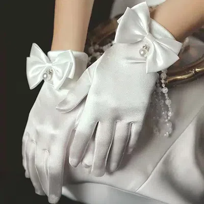 Fashnzfab Dressy Satin Feel Pearl Charm Bow Accent Gloves In White