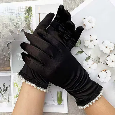 Fashnzfab Dressy Satin Feel Pearl Trim Gloves In Black
