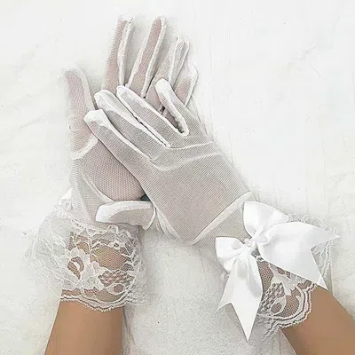 Fashnzfab Dressy Sheer Lace Satin Bow Trim Gloves In Silver