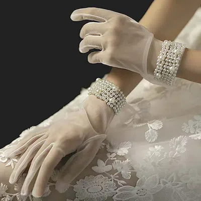 Fashnzfab Dressy Sheer Pearl Embellished Cuff Gloves In Multi