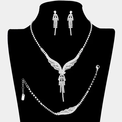 Fashnzfab Dropped Rhinestone Necklace Jewelry Set In Silver