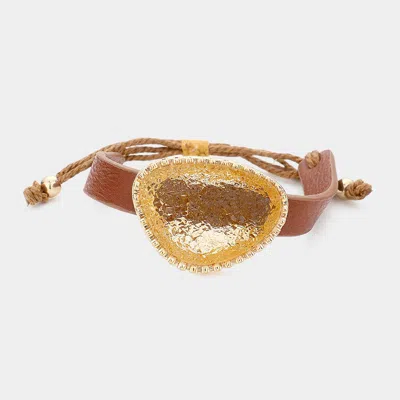 Fashnzfab Druzy Accented Faux Leather Adjustable Cinch Pull Tie Bracelet Brown, Gold