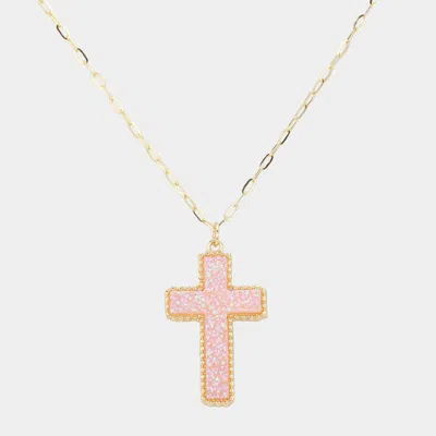 Fashnzfab Druzy Cross Pendant Necklace In Pink