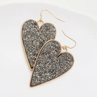 Fashnzfab Druzy Heart Dangle Earrings - Gold, Hematite