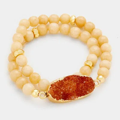 Fashnzfab Druzy Stone Accented Natural Stone Bead Strand Wrap Stretch Bracelet Gold, Neutral In Multi