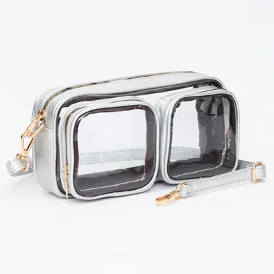 Fashnzfab Dual Front Pocket Faux Leather Transparent Crossbody Bag In Silver