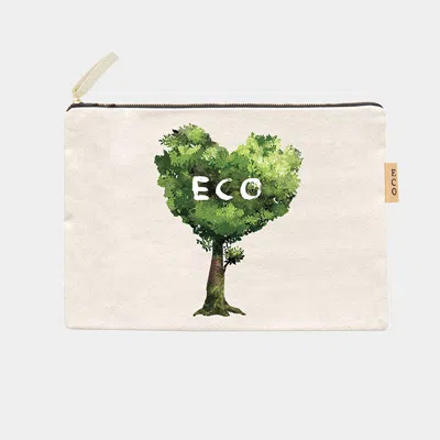 Fashnzfab Eco Message Heart Tree Printed Cotton Canvas Eco Pouch Bag In Green