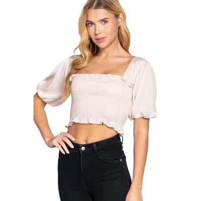 Fashnzfab Elbow Sleeve Straight Neck Smocking W/ruffle Detail Woven Top In White