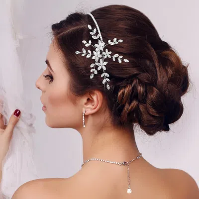 Fashnzfab Elegant Crystal Floral Hair Vine Bridal Headpiece Headband In Silver