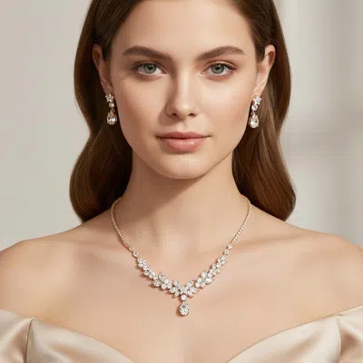 Fashnzfab Elegant Cz Star Marquise Teardrop Cluster Rhinestone Necklace In Gray