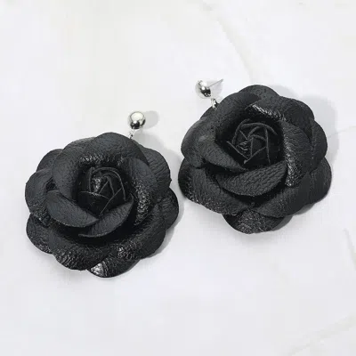 Fashnzfab Elegant Faux Leather Rose Bloom Drop Dangle Earrings In Black