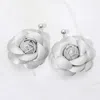 Fashnzfab Elegant Faux Leather Rose Bloom Drop Dangle Earrings In Silver
