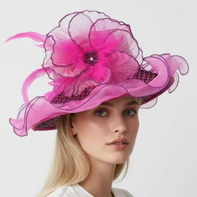 Fashnzfab Elegant Feather Floral Accent Fascinator Headband Hair Clip Dressy Hat In Pink