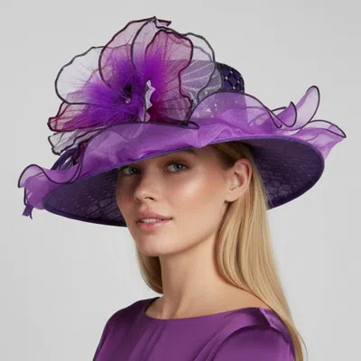 Fashnzfab Elegant Feather Floral Accent Fascinator Headband Hair Clip Dressy Hat In Purple