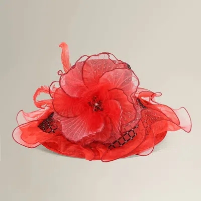 Fashnzfab Elegant Feather Floral Accent Fascinator Headband Hair Clip Dressy Hat In Red