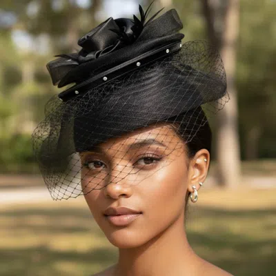 Fashnzfab Elegant Floral Feather Accent Rhinestone Embellished Mesh Veil Fascinator Dressy Hat In Black