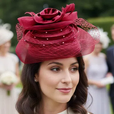 Fashnzfab Elegant Floral Feather Accent Rhinestone Embellished Mesh Veil Fascinator Dressy Hat In Burgundy