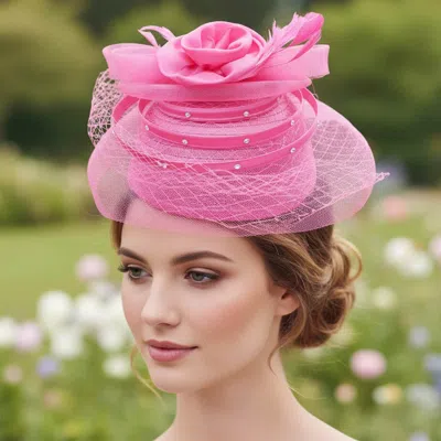 Fashnzfab Elegant Floral Feather Accent Rhinestone Embellished Mesh Veil Fascinator Dressy Hat In Pink