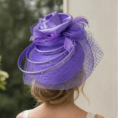 Fashnzfab Elegant Floral Feather Accent Rhinestone Embellished Mesh Veil Fascinator Dressy Hat In Purple