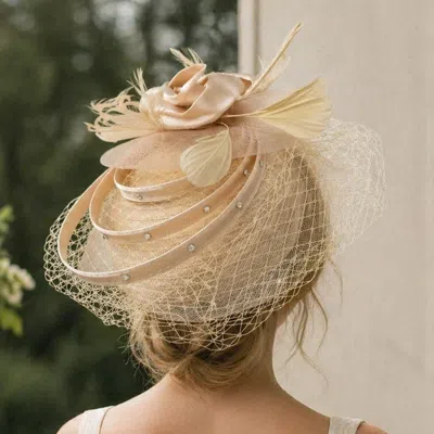 Fashnzfab Elegant Floral Feather Accent Rhinestone Embellished Mesh Veil Fascinator Dressy Hat In Sand