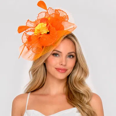 Fashnzfab Elegant Floral Feather Mesh Fascinator Hair Clip Headband In Orange