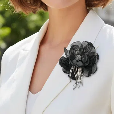Fashnzfab Elegant Floral Fringe Pin Brooch In Black