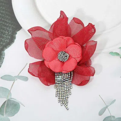 Fashnzfab Elegant Floral Fringe Pin Brooch In Red