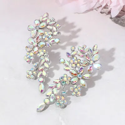 Fashnzfab Elegant Floral Stone Cluster Drop Evening Earrings In Silver