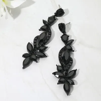 Fashnzfab Elegant Floral Stone Cluster Long Drop Evening Earrings - Black, Jet Black