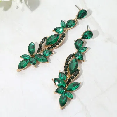 Fashnzfab Elegant Floral Stone Cluster Long Drop Evening Earrings In Green