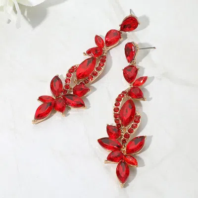 Fashnzfab Elegant Floral Stone Cluster Long Drop Evening Earrings In Red