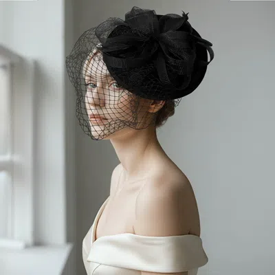 Fashnzfab Elegant Floral Veil Fascinator Headband In Black