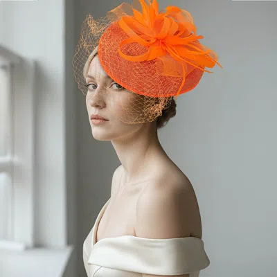 Fashnzfab Elegant Floral Veil Fascinator Headband In Orange