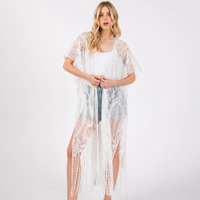 Fashnzfab Elegant Lace Fringe Cover Up Kimono Poncho In White