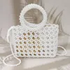 Fashnzfab Elegant Pearl Beaded Round Handle Lattice Handbag / Crossbody Bag In White