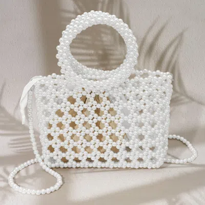 Fashnzfab Elegant Pearl Beaded Round Handle Lattice Handbag / Crossbody Bag In White