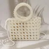 Fashnzfab Elegant Pearl Beaded Round Handle Lattice Handbag / Crossbody Bag In White