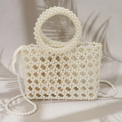 Fashnzfab Elegant Pearl Beaded Round Handle Lattice Handbag / Crossbody Bag In White
