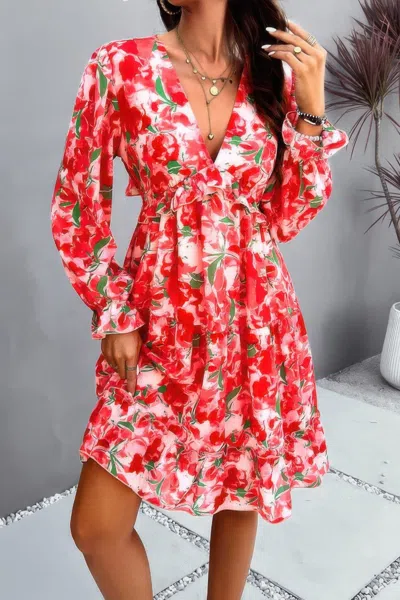 Fashnzfab Elegant Printed V Neck Ruffled A Line Mini Dress