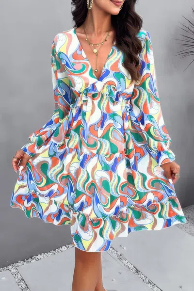 Fashnzfab Elegant Printed V Neck Ruffled A Line Mini Dress