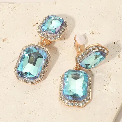Fashnzfab Elegant Rectangle Crystal Drop Dangle Evening Clip On Earrings In Blue