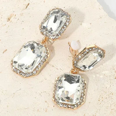 Fashnzfab Elegant Rectangle Crystal Drop Dangle Evening Clip On Earrings In Gold